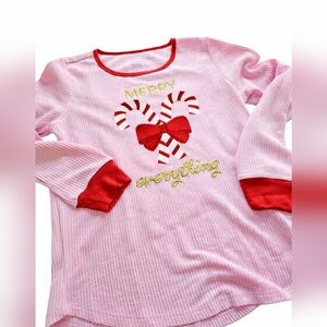 American Girl Kids Pink Long Sleeve Waffle Top with Candy Cane Design
